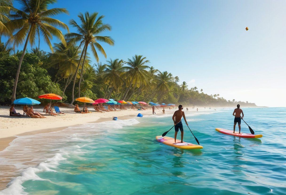 A vibrant beach scene showcasing people engaging in various water sports like surfing, paddleboarding, and snorkeling, with bright blue ocean waves crashing in the background. Include colorful beach umbrellas, a clear sunny sky, and a distant view of palm trees swaying in the breeze. Capture the joyous spirit of seaside activities with dynamic movement and playful splashes of water. super-realistic. vibrant colors. white background.