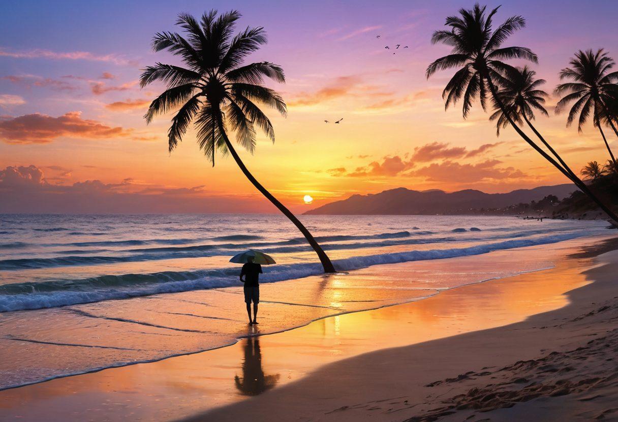 A serene beach scene at sunset with golden sand and gentle waves, featuring a silhouette of a photographer capturing vibrant tropical scenery. Include palm trees swaying in the breeze and colorful beach umbrellas dotted along the shoreline. Soft pastel colors in the sky, reflecting the tranquil yet inspiring essence of beach lifestyle. super-realistic. vibrant colors. 3D.