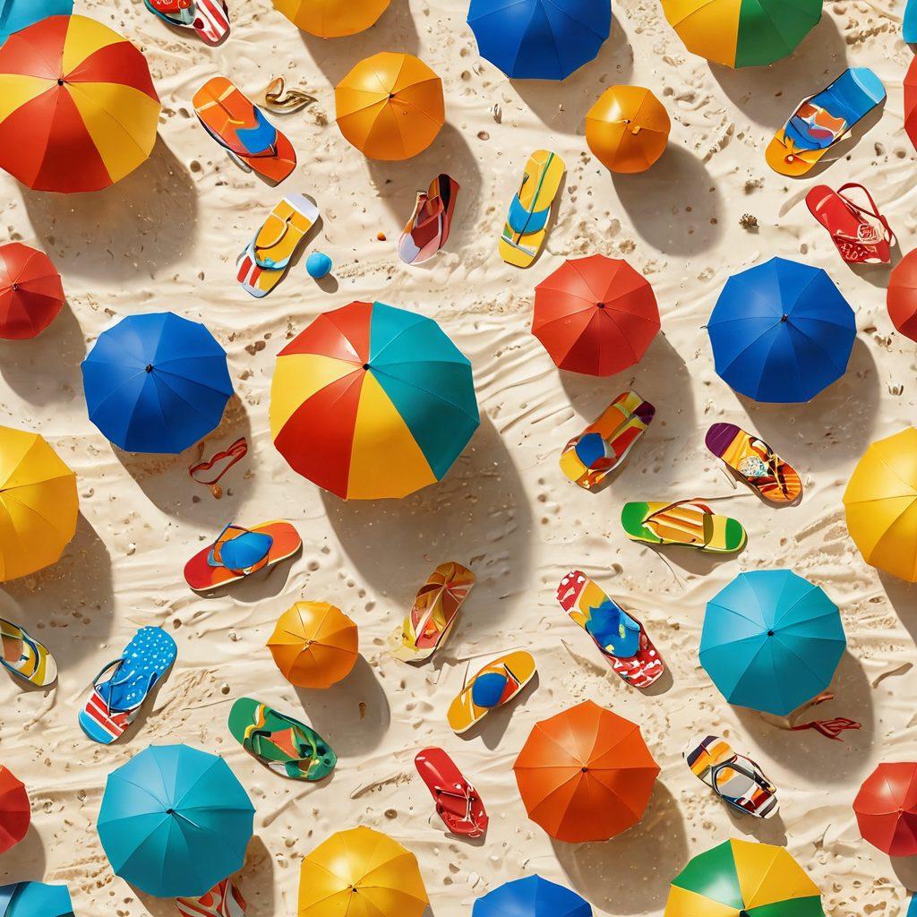 A vibrant beach scene featuring a diverse group of friends in trendy coastal fashion, enjoying activities like surfing, beach volleyball, and sunbathing. The sun setting in the background casts golden hues over the sandy shore, while colorful beach umbrellas dot the landscape. Include playful elements like beach balls and flip-flops scattered around. super-realistic. vibrant colors. white background.